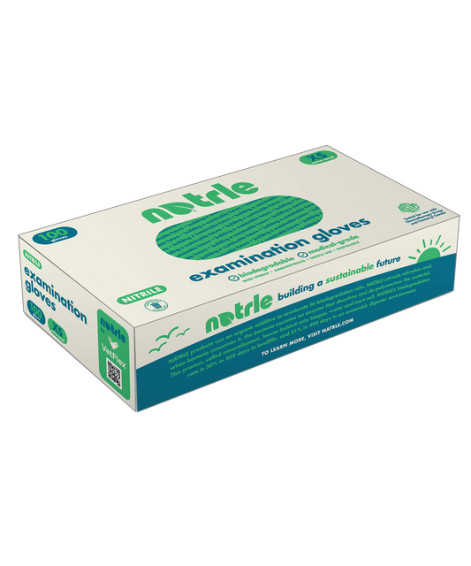 Box of NATRLE biodegradable nitrile examination gloves, size XS, in eco-friendly packaging. 100-count, latex-free, powder-free, and medical-grade.