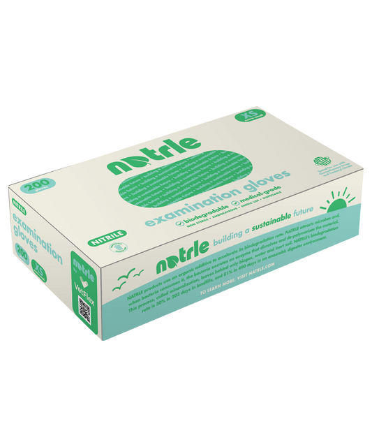 Box of NATRLE biodegradable nitrile gloves, labeled 200 count (180 for XL), latex-free and medical-grade. Ideal for sustainable healthcare or home use.