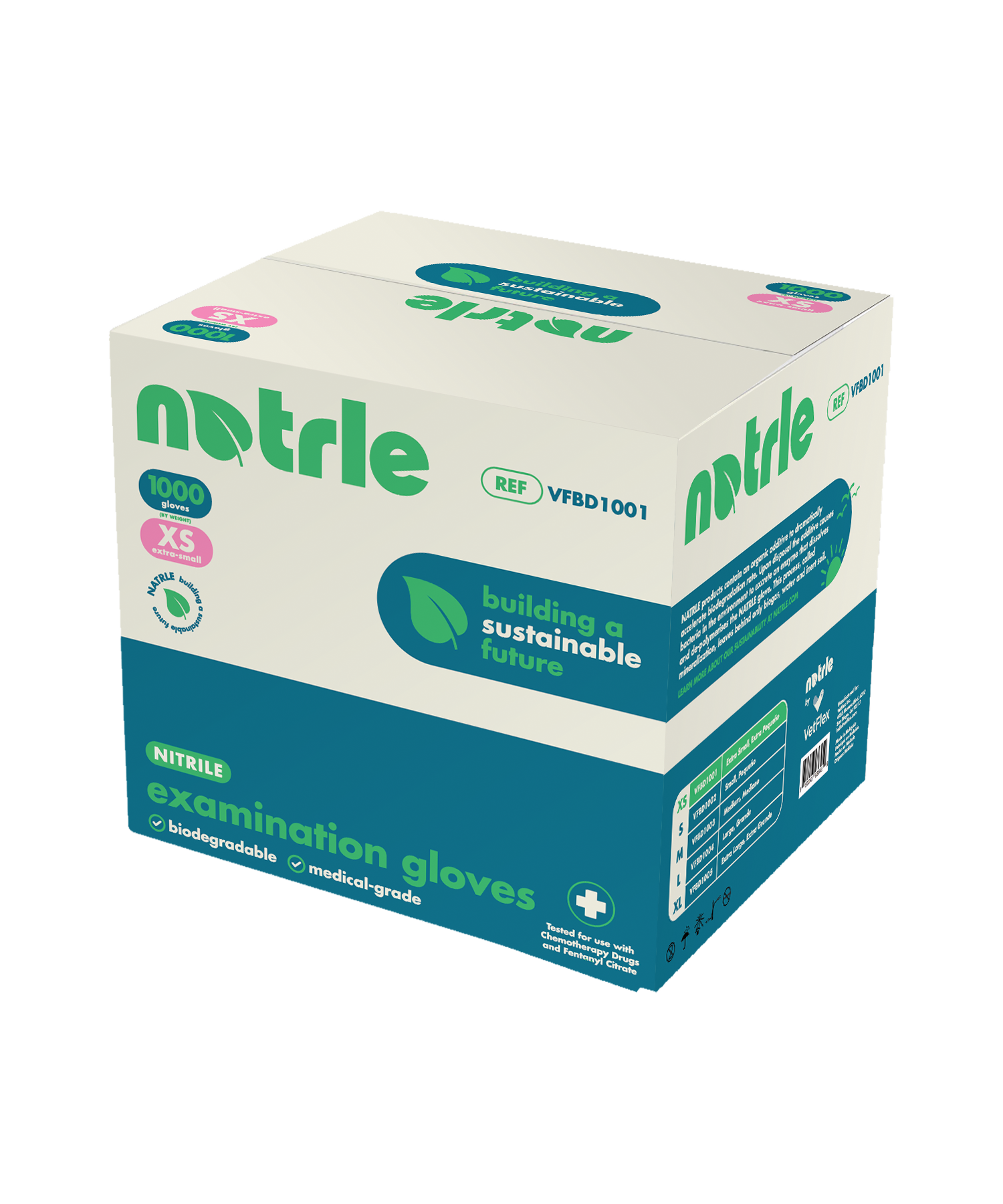 Case of NATRLE biodegradable nitrile examination gloves containing 10 boxes of 100 gloves. Latex-free, powder-free, medical-grade, and eco-conscious.