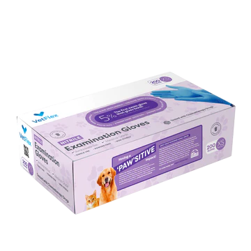 Purple box of VetFlex nitrile examination gloves, size XS, with 200 gloves per box. Features veterinary-grade design, textured fingertips, and chemo-tested durability. Includes dog and cat imagery on the packaging.