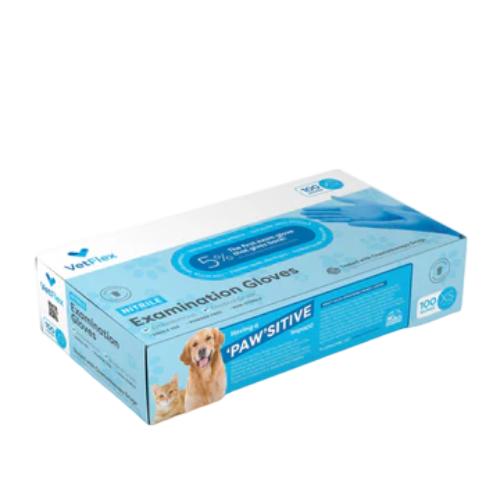 Box of VetFlex nitrile veterinary gloves in blue packaging. Contains 100 latex-free, chemo-tested gloves with textured fingertips and beaded cuffs.