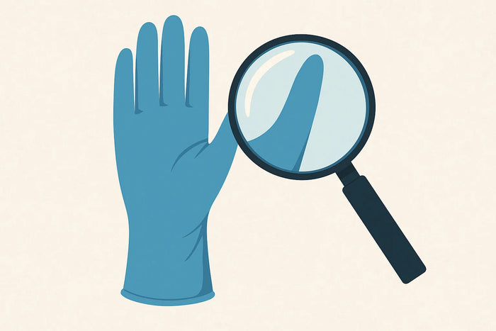 A nitrile glove being examined under a magnifying glass for latex
