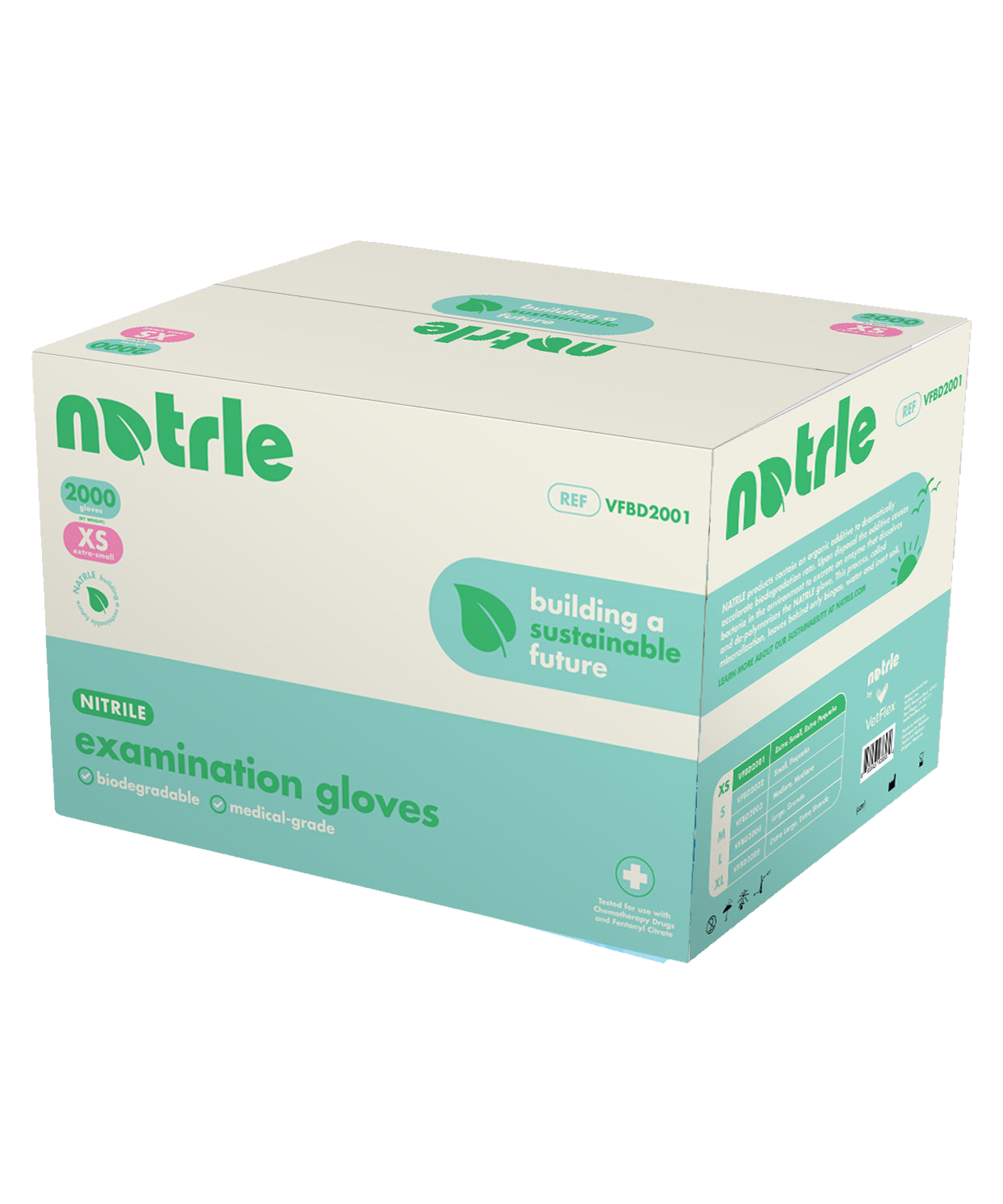 Case of NATRLE biodegradable nitrile gloves with 10 boxes of 200 gloves each (180 for XL). Medical-grade, latex-free, eco-friendly, and compostable.