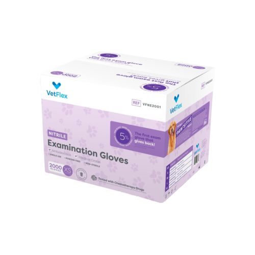 Box of VetFlex nitrile examination gloves in lavender packaging, labeled for veterinary use. Case contains 10 boxes of 200 latex-free, powder-free gloves with textured grip.