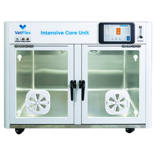 Front view of the VetFlex veterinary intensive care unit featuring dual chambers, transparent doors, integrated oxygen ports, and a touchscreen control panel for smart environmental management.