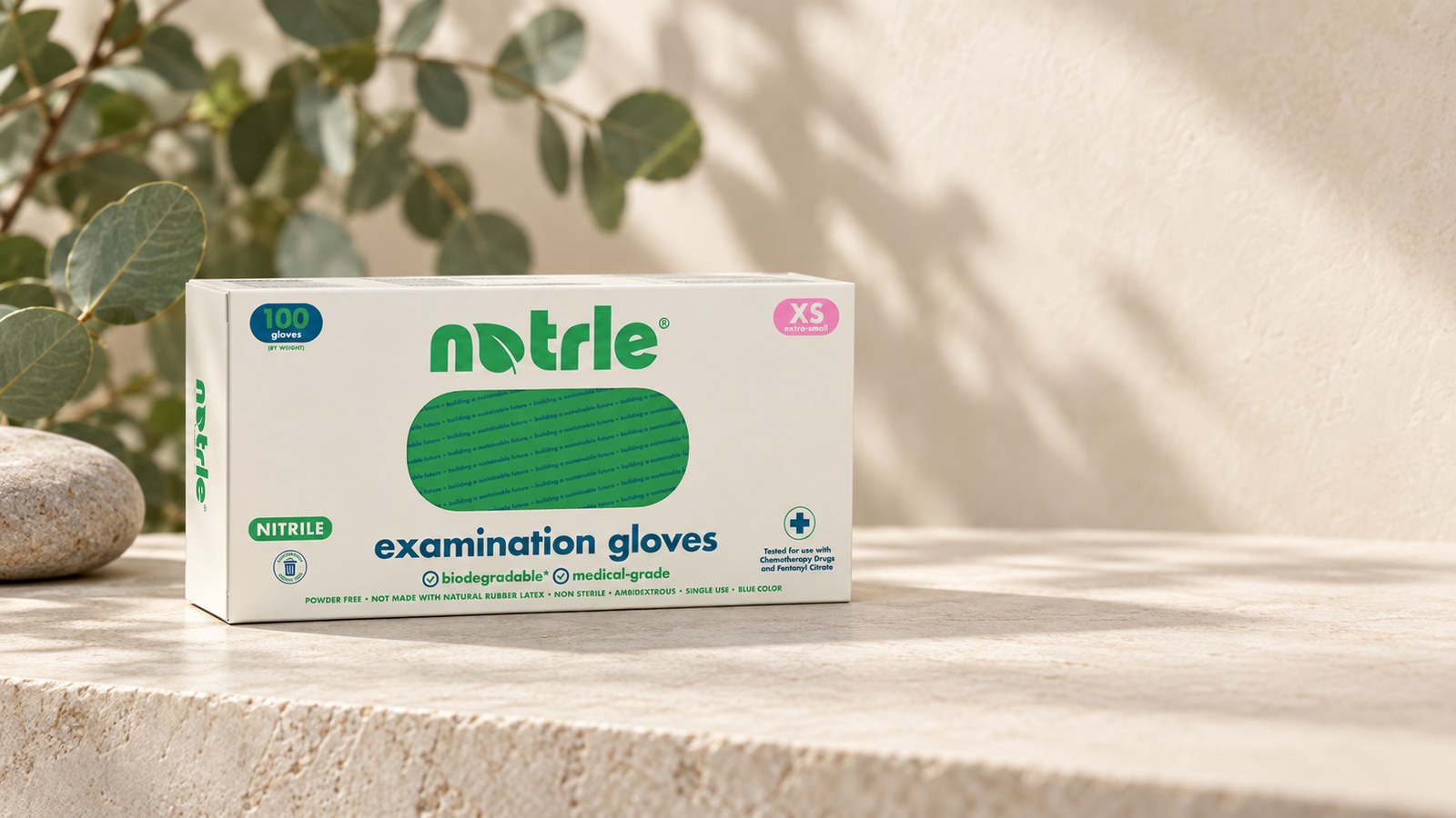 Natrle biodegradable nitrile examination gloves, 200 count box, latex free and powder free